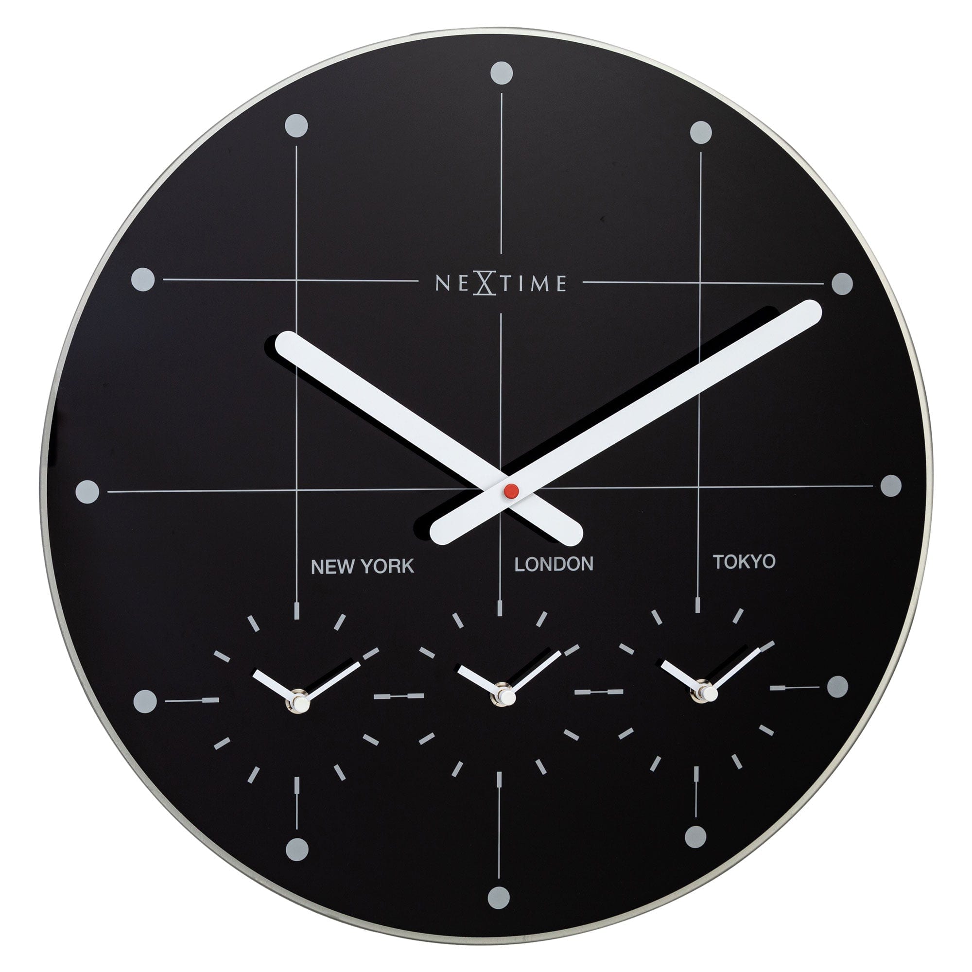 NeXtime Clocks Big City wall clock, 43cm silent glass clock with black hands and modern design, front view.